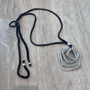Unique Silver Necklace geometric Pattern Adjustable length black cloth cord